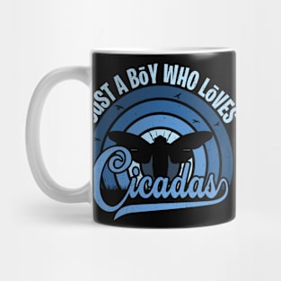 Funy Quote Just A Boy Who Loves A cicadas Blue 80s Retro Vintage Sunset Gift IdeA for boys Mug